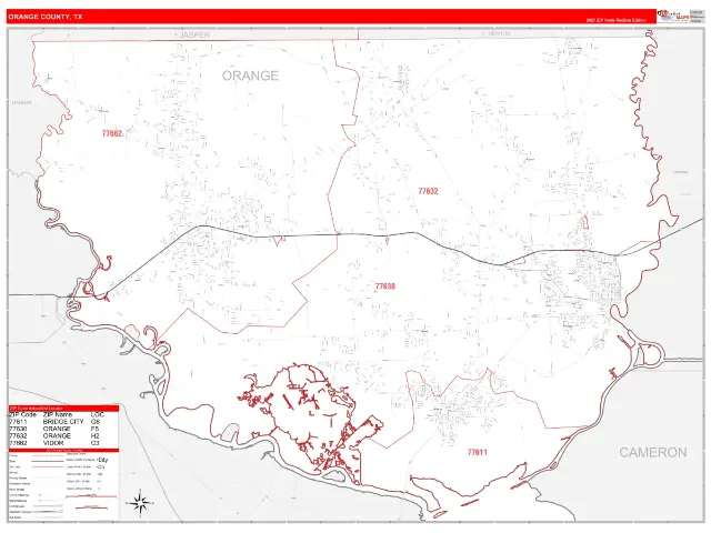 Orange County, TX ZIP Code Wall Map, RedLine style