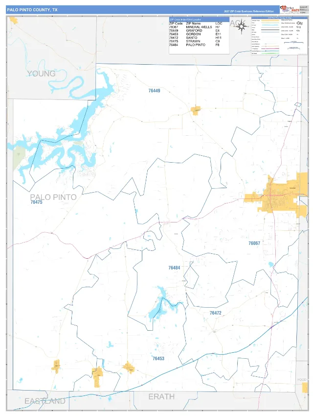 Palo Pinto County, TX ZIP Code Wall Map, Business Reference style