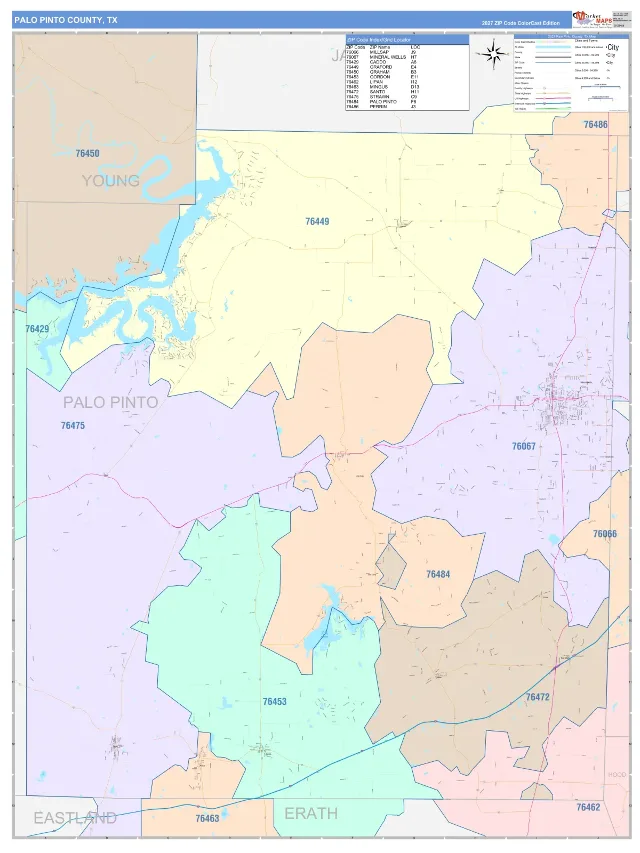 Palo Pinto County, TX ZIP Code Wall Map, ColorCast style