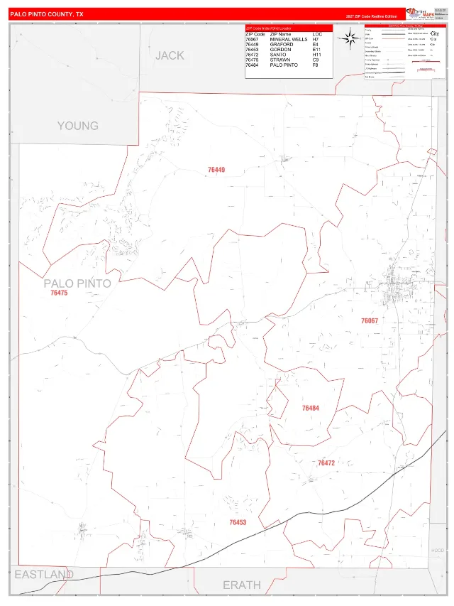 Palo Pinto County, TX ZIP Code Wall Map, RedLine style