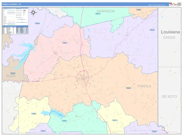 Panola County, TX ZIP Code Wall Map, ColorCast style