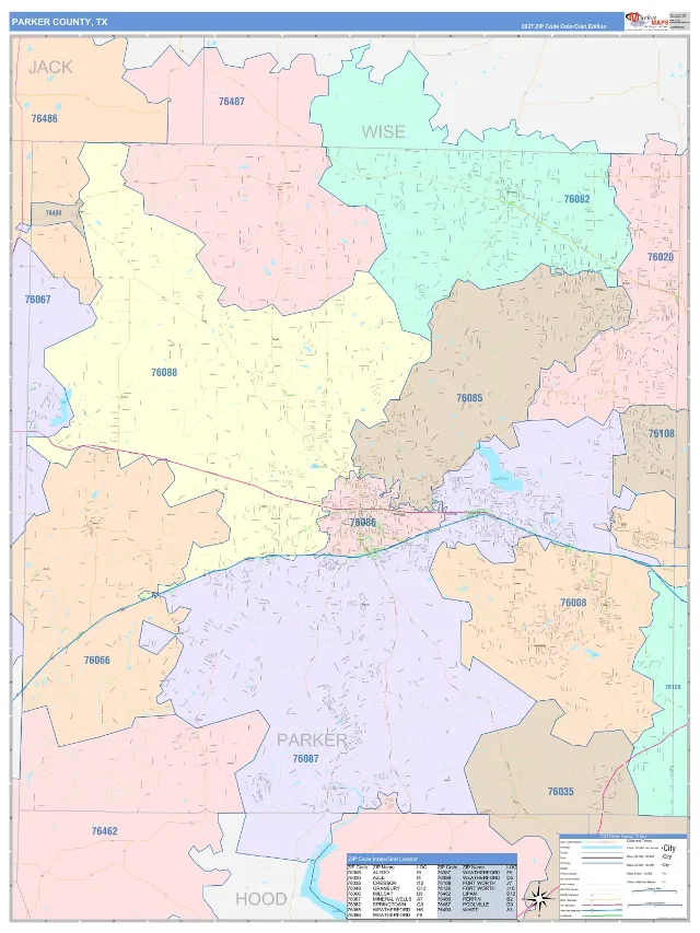 Parker County, TX ZIP Code Wall Map, ColorCast style