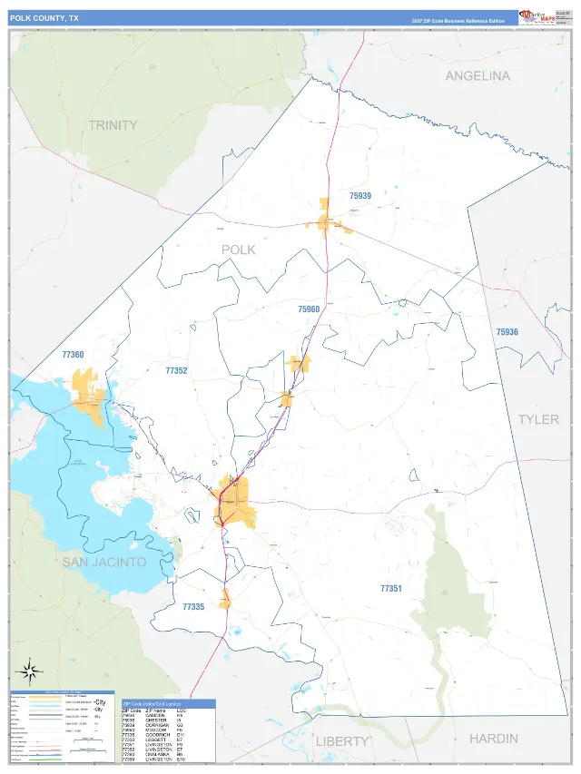 Polk County, TX ZIP Code Wall Map, Business Reference style
