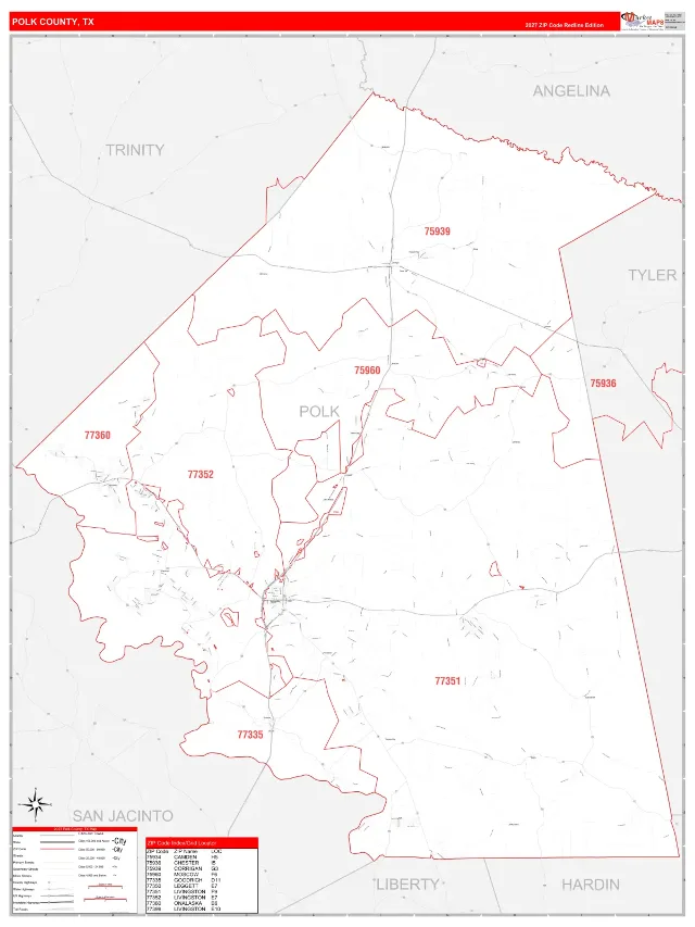 Polk County, TX ZIP Code Wall Map, RedLine style
