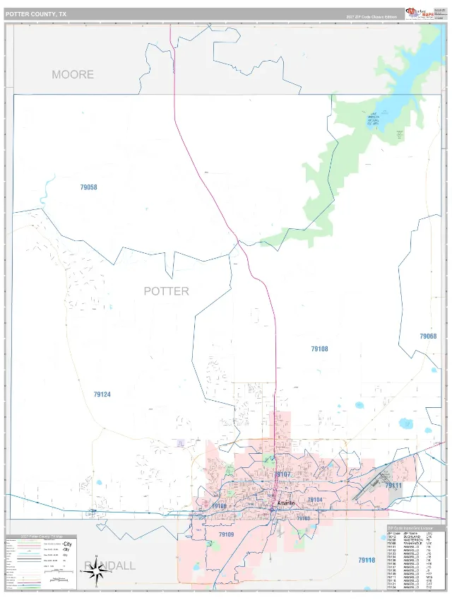 Potter County, TX ZIP Code Wall Map, Classic style