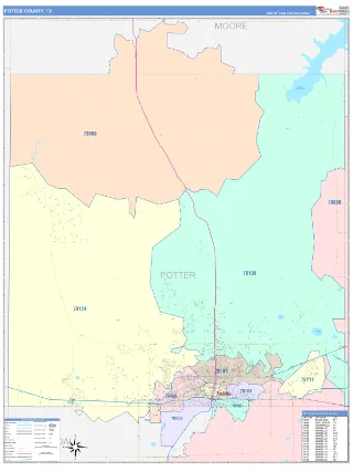 Potter County, TX ColorCast style ZIP Code wall map