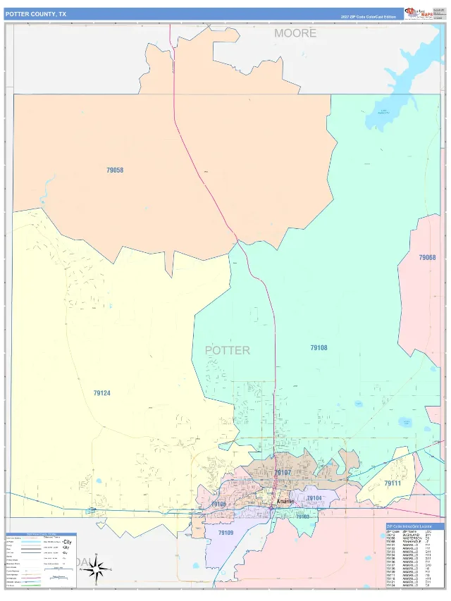 Potter County, TX ZIP Code Wall Map, ColorCast style