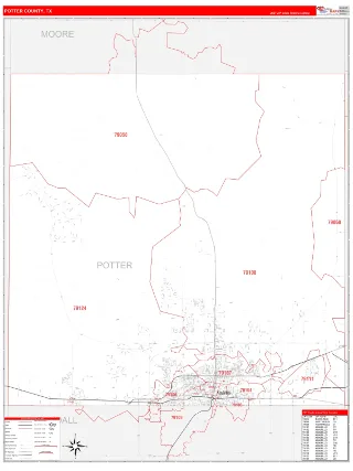 Potter County, TX RedLine style ZIP Code wall map
