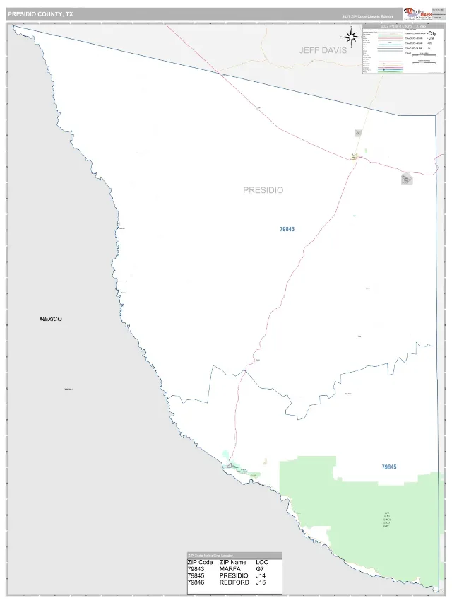 Presidio County, TX ZIP Code Wall Map, Classic style
