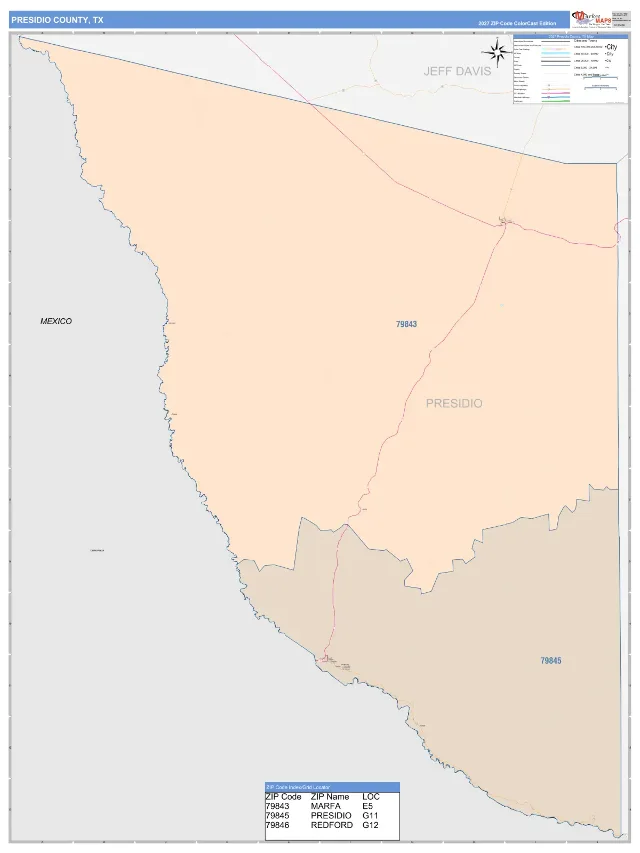 Presidio County, TX ZIP Code Wall Map, ColorCast style