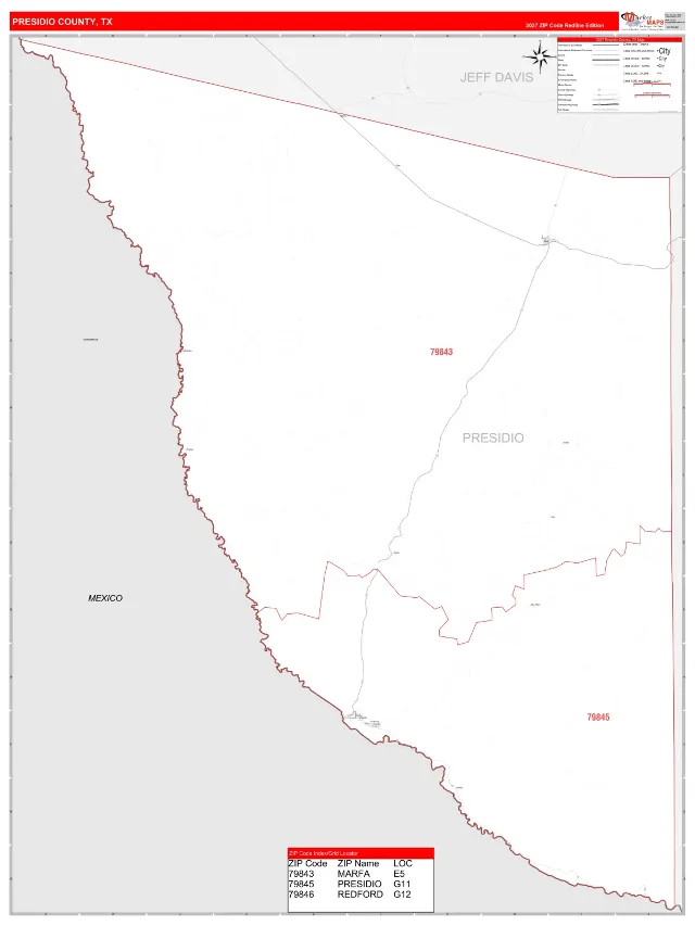 Presidio County, TX ZIP Code Wall Map, RedLine style