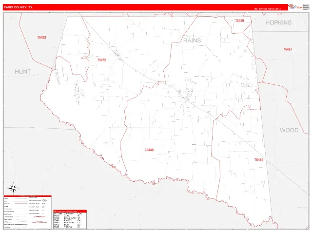 Rains County, TX ZIP Code Wall Map, RedLine style