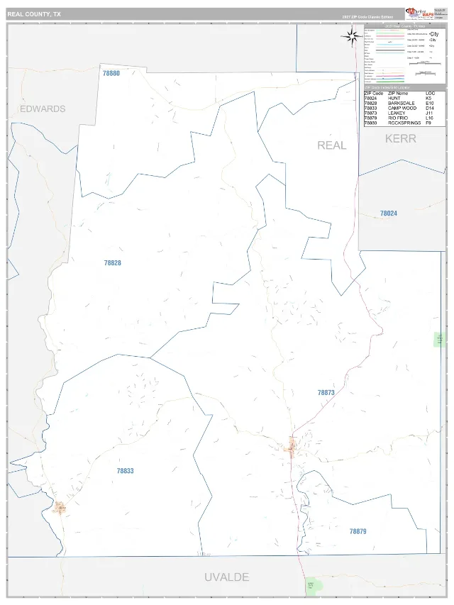 Real County, TX ZIP Code Wall Map, Classic style