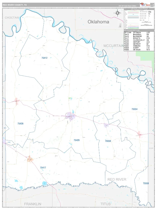 Red River County, TX ZIP Code Wall Map, Classic style