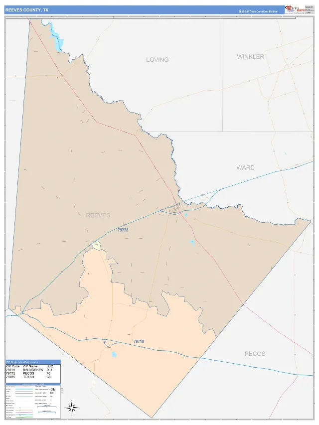 Reeves County, TX ZIP Code Wall Map, ColorCast style