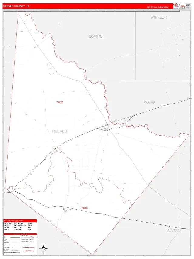 Reeves County, TX ZIP Code Wall Map, RedLine style