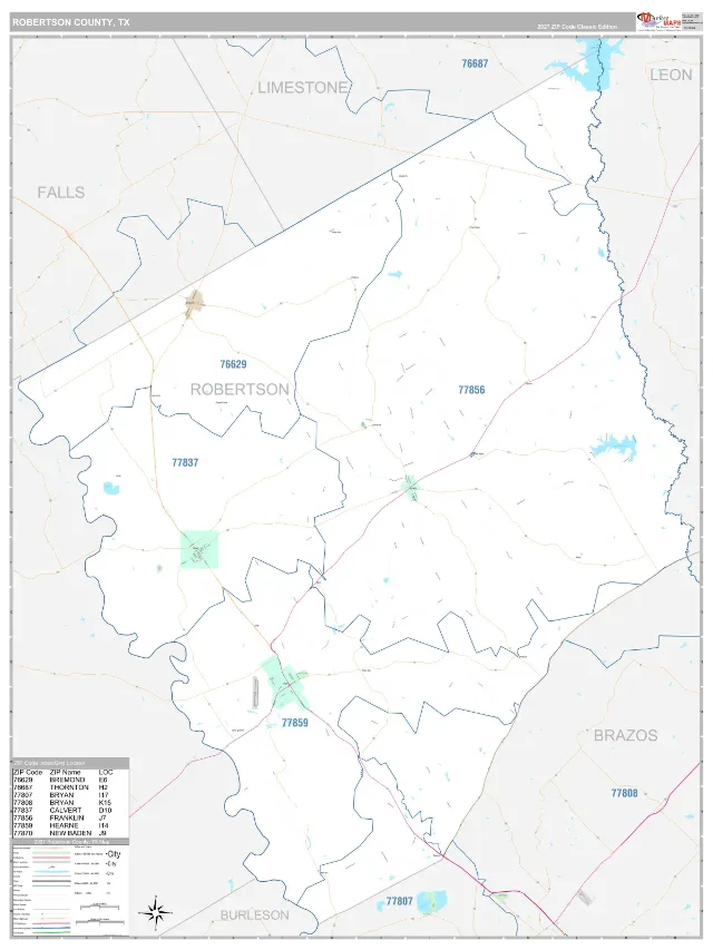 Robertson County, TX ZIP Code Wall Map, Classic style