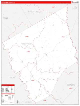 Robertson County, TX RedLine style ZIP Code wall map