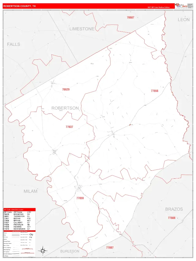 Robertson County, TX ZIP Code Wall Map, RedLine style