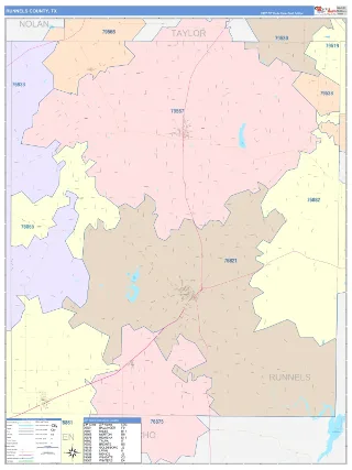 Runnels County, TX ColorCast style ZIP Code wall map