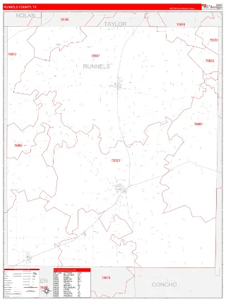 Runnels County, TX RedLine style ZIP Code wall map