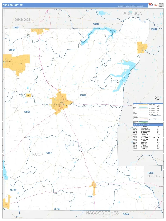Rusk County, TX ZIP Code Wall Map, Business Reference style