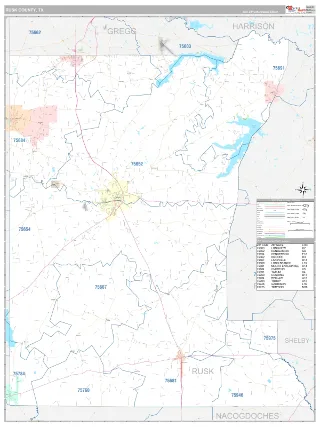 Rusk County, TX Classic style ZIP Code wall map