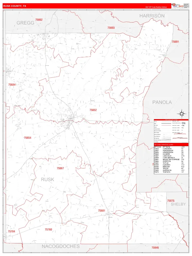 Rusk County, TX ZIP Code Wall Map, RedLine style