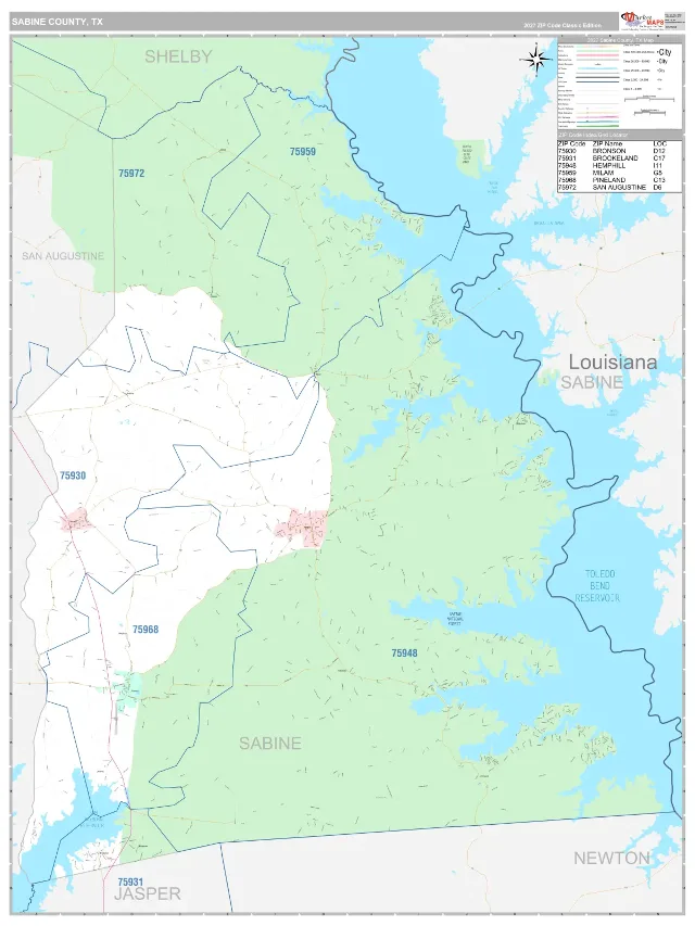 Sabine County, TX ZIP Code Wall Map, Classic style