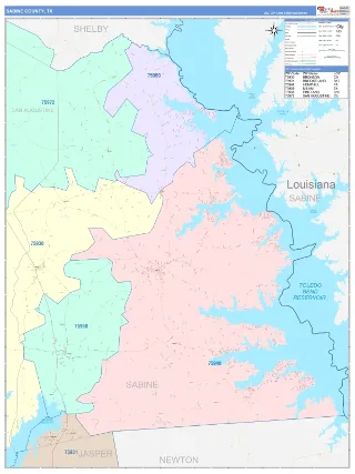 Sabine County, TX ColorCast style ZIP Code wall map