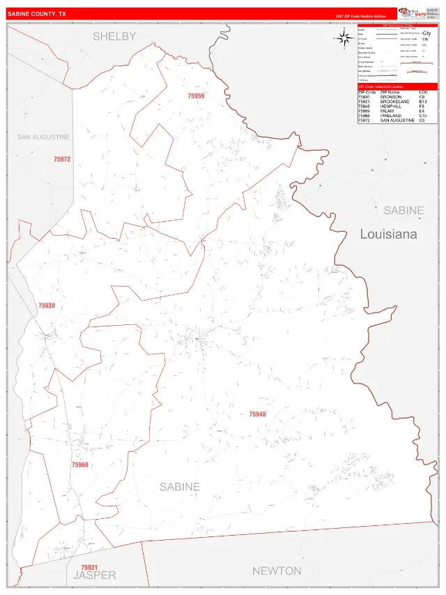 Sabine County, TX ZIP Code Wall Map, RedLine style