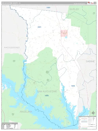 San Augustine County, TX Classic style ZIP Code wall map
