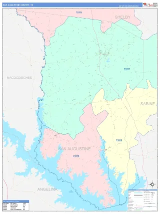 San Augustine County, TX ColorCast style ZIP Code wall map