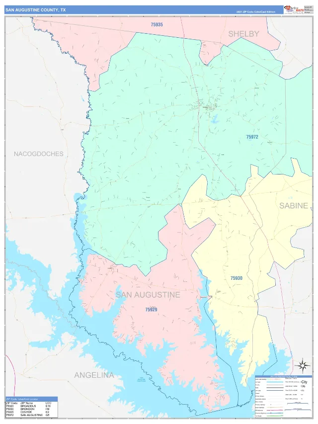 San Augustine County, TX ZIP Code Wall Map, ColorCast style
