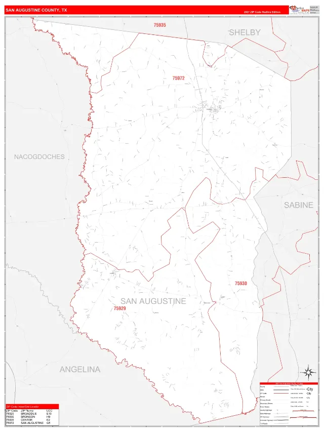 San Augustine County, TX ZIP Code Wall Map, RedLine style