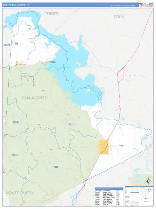 San Jacinto County, TX Business Reference style ZIP Code wall map