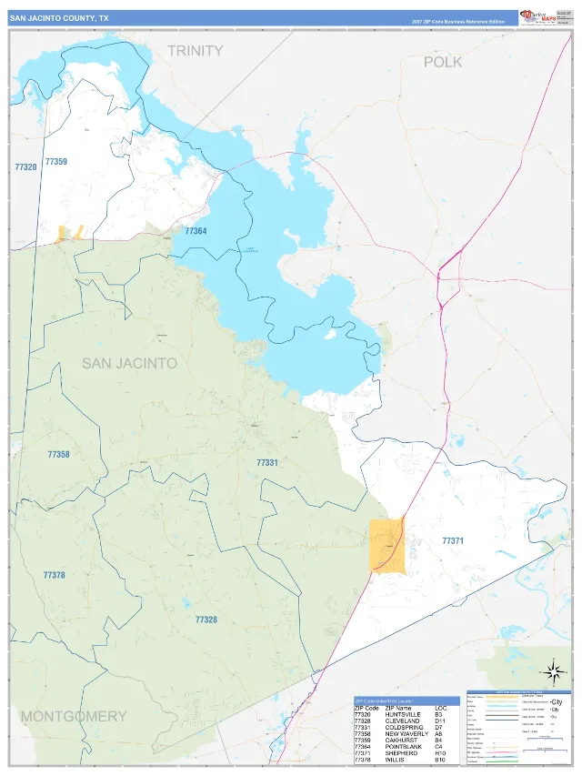San Jacinto County, TX ZIP Code Wall Map, Business Reference style