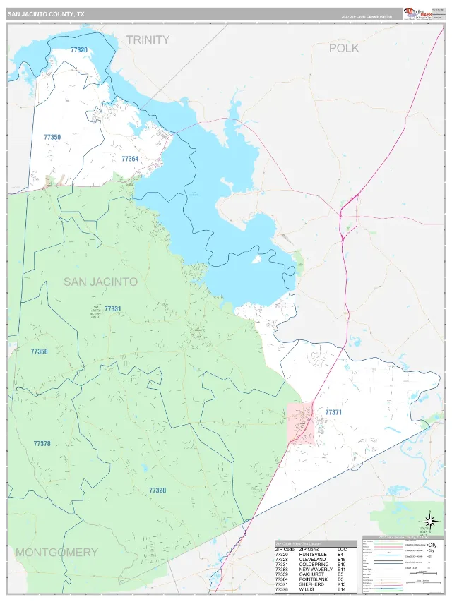San Jacinto County, TX ZIP Code Wall Map, Classic style