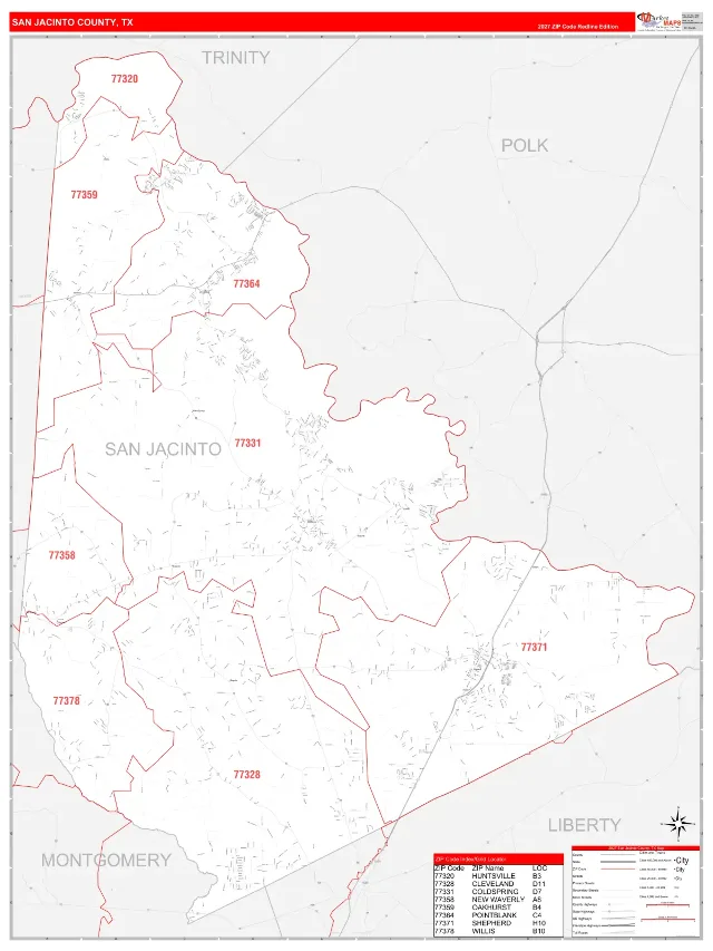San Jacinto County, TX ZIP Code Wall Map, RedLine style