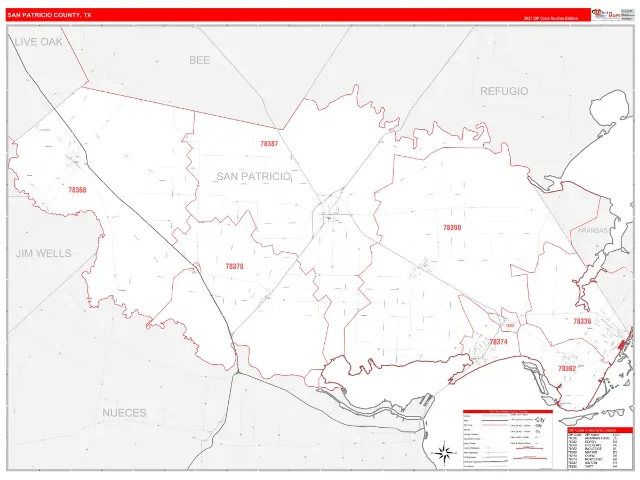 San Patricio County, TX ZIP Code Wall Map, RedLine style
