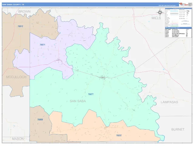 San Saba County, TX ZIP Code Wall Map, ColorCast style