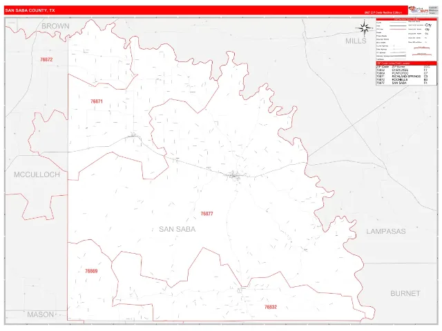 San Saba County, TX ZIP Code Wall Map, RedLine style