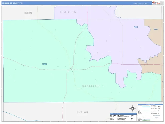 Schleicher County, TX ZIP Code Wall Map, ColorCast style