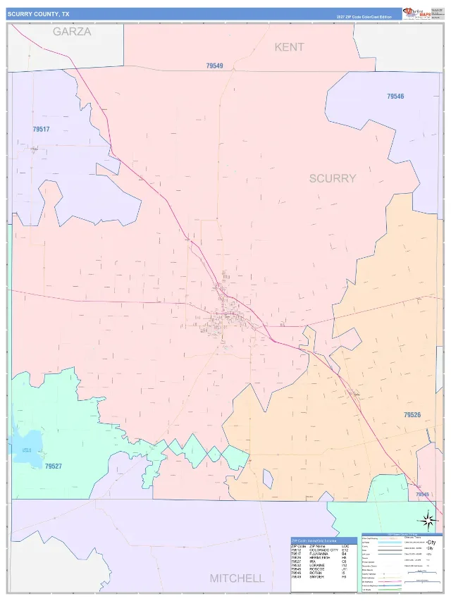 Scurry County, TX ZIP Code Wall Map, ColorCast style