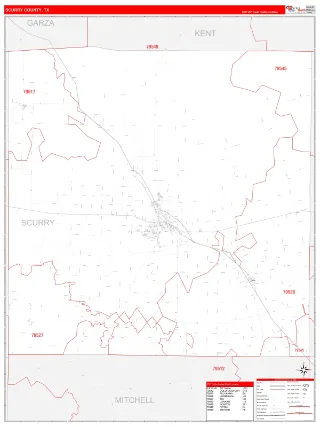 Scurry County, TX RedLine style ZIP Code wall map