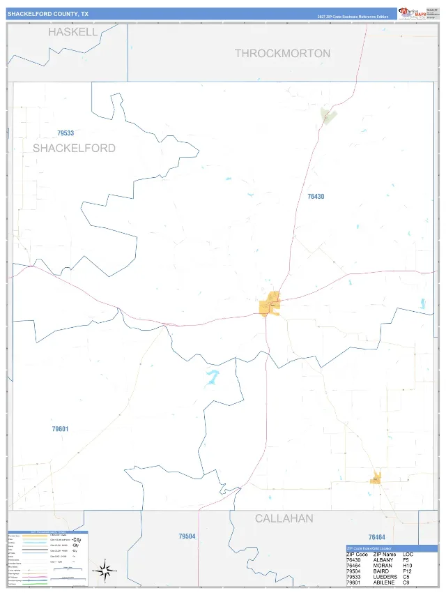 Shackelford County, TX ZIP Code Wall Map, Business Reference style