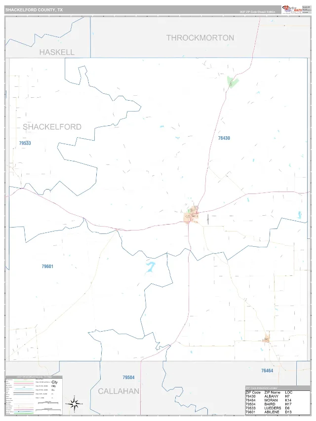 Shackelford County, TX ZIP Code Wall Map, Classic style
