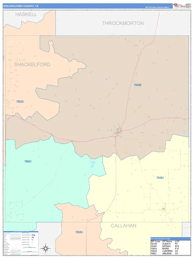 Shackelford County, TX ZIP Code Wall Map, ColorCast style