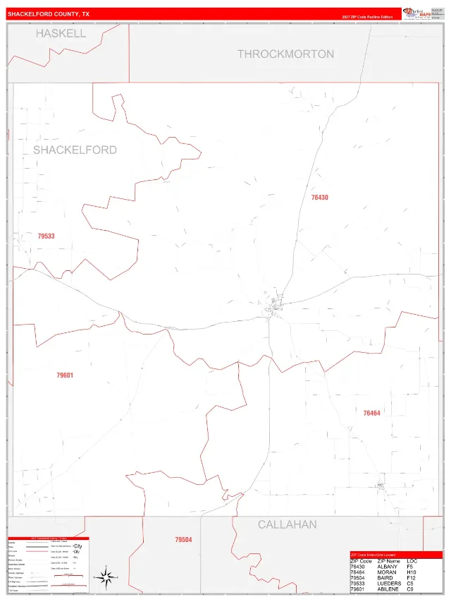 Shackelford County, TX ZIP Code Wall Map, RedLine style
