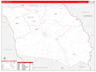 Shelby County, TX RedLine style ZIP Code wall map